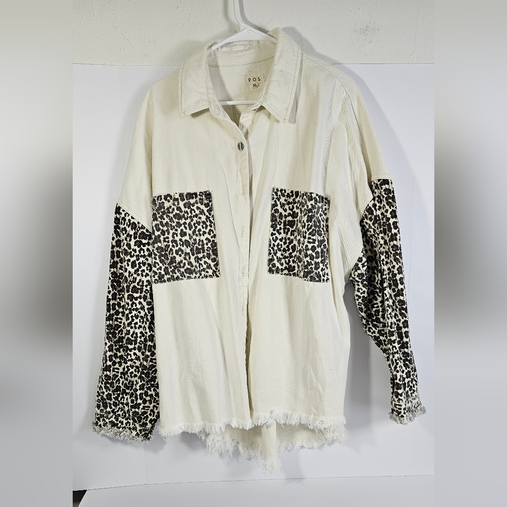POL Cream and Black Leopard Jean Jacket